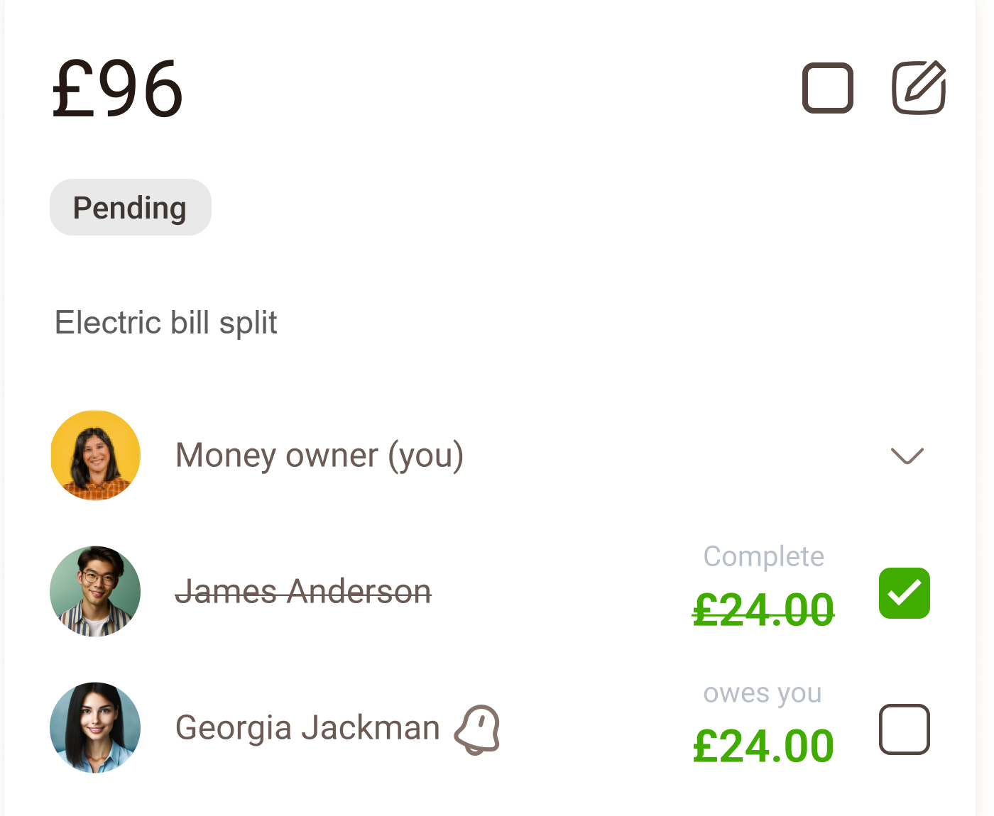A £92 electric bill split four ways in the HOMEi app, with each housemate's £23 share tracked until it's paid