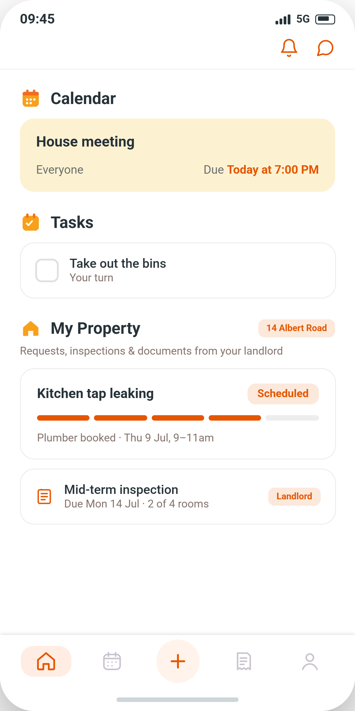 The HOMEi app home screen showing today's chores and the bills still to settle